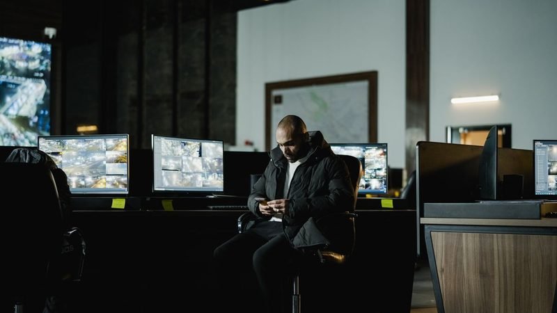 Security operator monitoring CCTV feeds in a 24/7 control room for alarm response